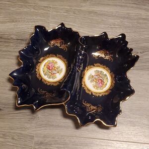 Vintage XL European Design Intricate Gold Leaf Porcelain Tray w/Handles